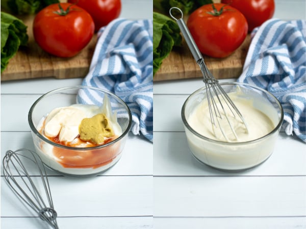 two photo collage of the ingredients to make the secret sauce in a bowl and then all of the ingredients whisked together to form a sauce