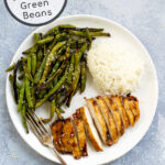 Pinterest Pin showing an overhead view of Grilled Teriyaki Chicken and Green Beans on a plate with rice