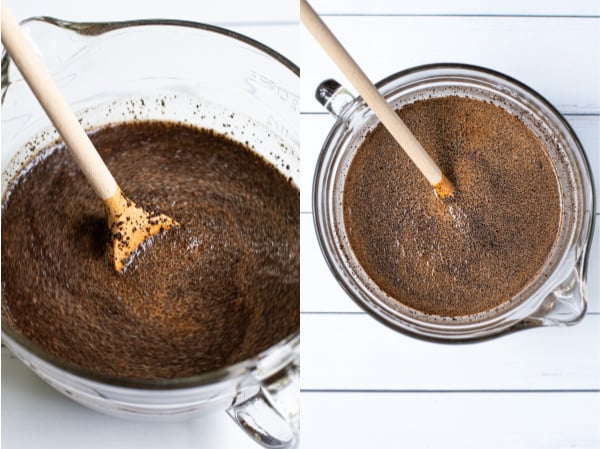 coffee grounds being stirred in a large glass batter bowl with a wood spoon and what it will look like before you place it in the fridge