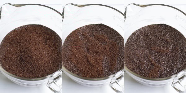 step by step photos of the coffee ground starting to bloom in the water after being poured in the large bowl