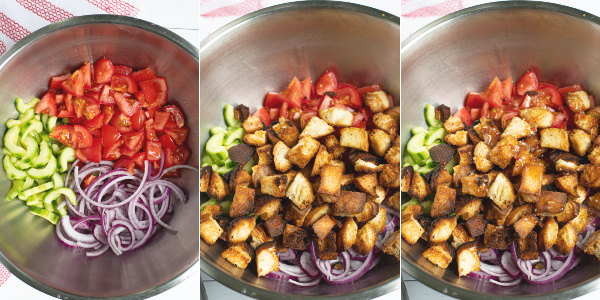 three photos showing the steps pf chopped vegetables, grill toasted bread, and pouring on Italian dressing