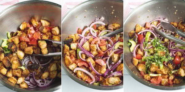 three photos showing the steps of adding the dressing to the salad and tossing together with basil leaves