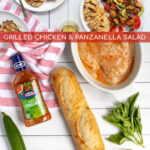 Pinterest Pin for Grilled Chicken Panzanella Salad showing a white plate with a grilled chicken breast and a pile of panzanella salad
