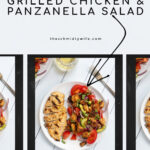 Pinterest Pin for Grilled Chicken Panzanella Salad showing a white plate with a grilled chicken breast and a pile of panzanella salad
