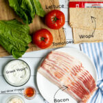 all of the ingredients needed to make BLT wraps labeled with arrows