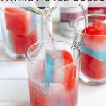 Pinterest Pin for red, white, and blue ice cubes showing a hard seltzer being poured overtop layered red, white, and blue ice cubes
