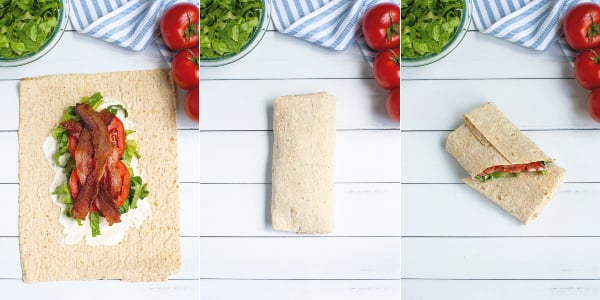 the second steps in building the BLT wrap, adding bacon, closing the wrap, and cutting the wrap in half