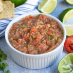 Pinterest Pin for Fresh Restaurant Style Salsa made in a food processor showing a bowl of fresh salsa