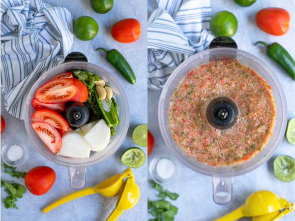 two photos of food processor, one with whole ingredients and one with fully processed salsa