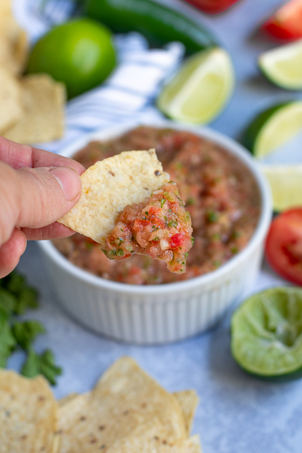 homemade fresh salsa on a tortilla chip