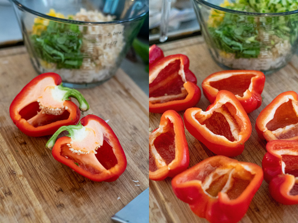 two pictures showing the steps of cutting the bell peppers in half and removing the stem and seeds