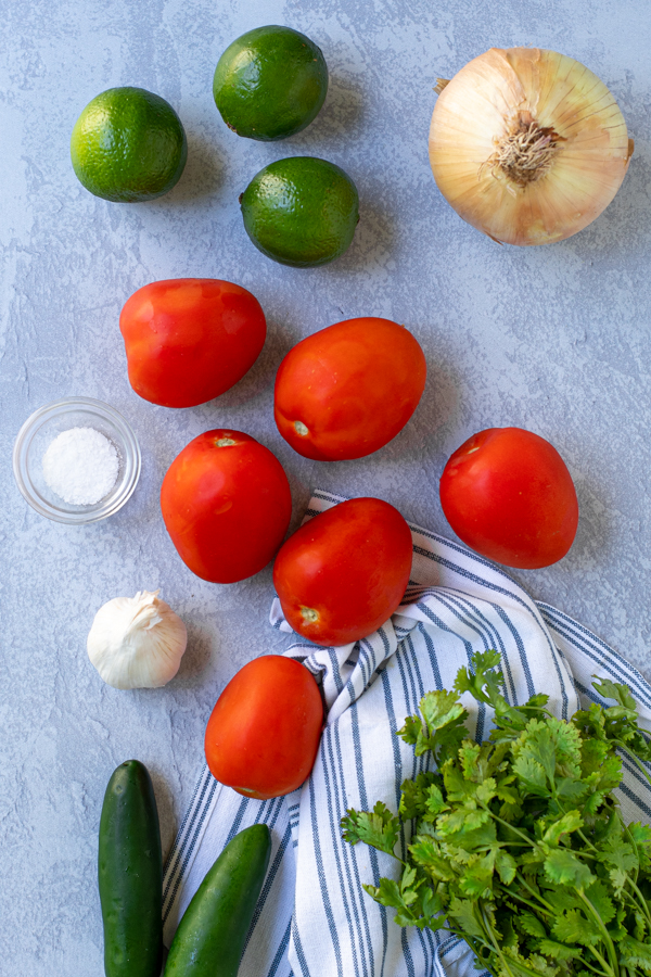 ingredients needed to make fresh salsa in the food processor laid out on a table