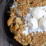 Grilled Apple Crisp Pinterest Pin showing hot to make apple crisp on the grill and a photo of the dessert topped with ice cream