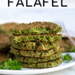 Pinterest Pin for Oven Baked Falafel showing a stack of oven baked falafel on a white plate