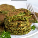 Pinterest Pin for Oven Baked Falafel showing a photo of crispy falafel stacked on a plate