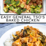 Pinterest Pin for Baked General Tso's Chicken showing prepping the dish before baking and the cooked saucy chicken of a pile of white rice