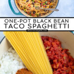Pinterest Pin for One-Pot Taco Spaghetti with images of uncooked ingredients in a pot and then the cooked taco spaghetti in a pot with a fork