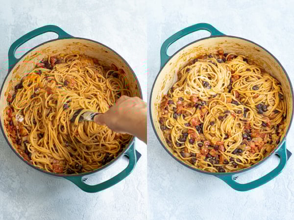 2 images showing cheese and sour cream being stirred in to the black bean spaghetti
