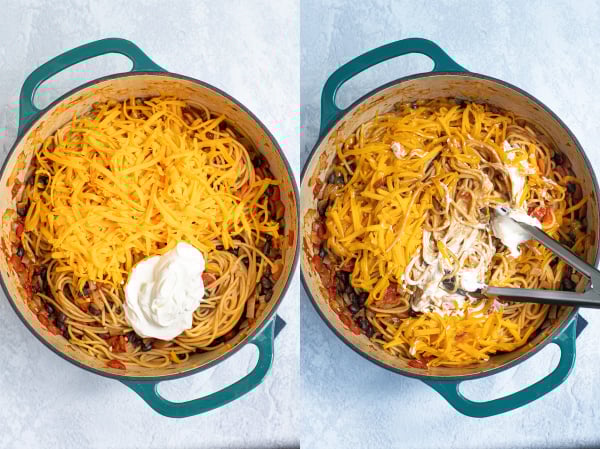 2 images showing the steps of adding the cheese and sour cream to the spaghetti