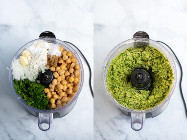 photo collage showing before the ingredients are processed on the food processor and the bright green mixture after is is blended together