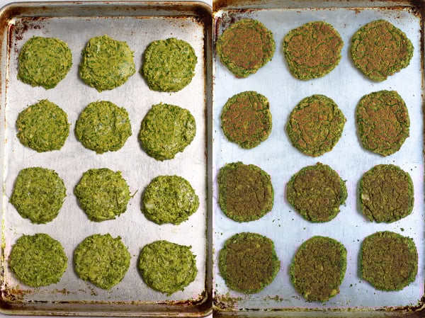 photo collage of before and after of a sheet pan full of falafel ready for the oven
