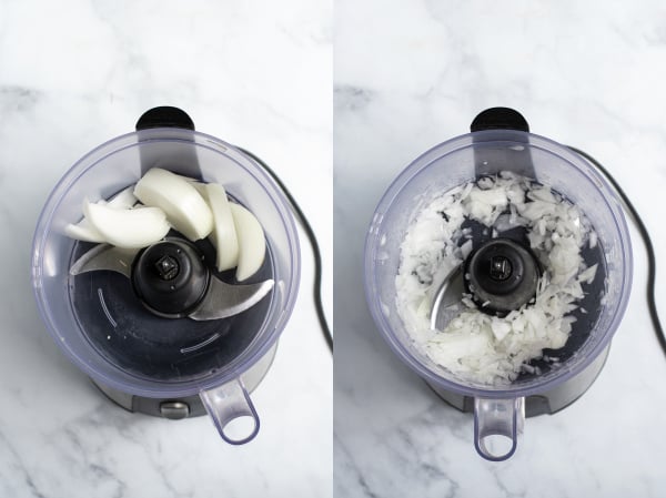 collage of photos showing the onion being chopped in a food processor