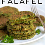 Pinterest Pin for Oven Baked Falafel showing a stack of green falafel on a white plate