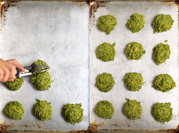 collage of photos making falafel, scooping up balls of the mixture and placing it on a sheet pan
