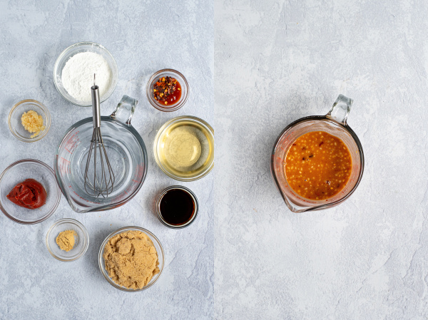two photo collage showing the ingredients for the sauce and then the sauce mixed together in a glass measuring cup