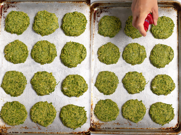 collage of photos showing unbaked falafel on a sheet pan being sprayed by oil