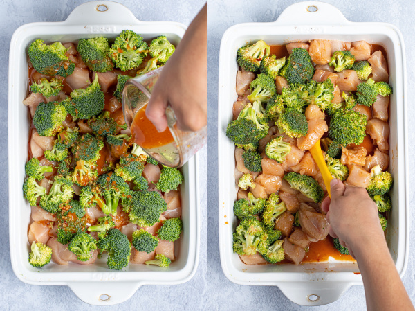 two photo collage showing the middle steps of making the dish, adding the sauce and tossing everything to coat