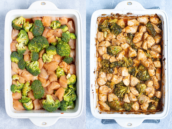 two photo collage showing the uncooked dish of general tso chicken and the other showing a fully cooked dish of chicken