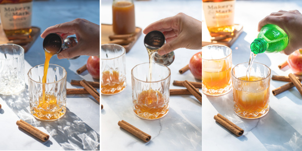 Three photo collage of the apple cider, bourbon, and ginger ale being poured into the glass.