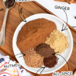 Pinterest Pin with text overlay DIY Pumpkin Spice, photo of spices piled on a plate with arrows pointing to the five different spices.