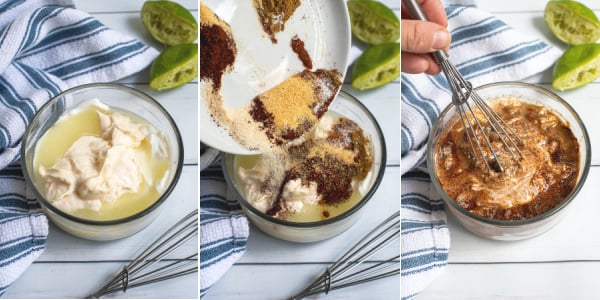 A three photo collage showing all of the different ingredients being added to a glass bowl to be mixed together.