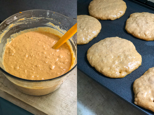 Two photo collage, first shows a bowl with a spatula full of the Pumpkin pancake batter showing how it should be a little clumpy, second a pancake cooking on the griddle starting to show air bubbles.