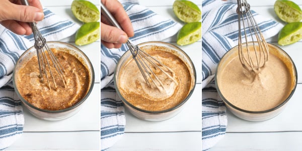 three photo collage showing the sequence of mixing the healthy southwest sauce together.