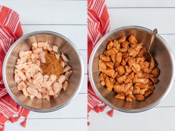 two photos showing step by step instructions of mixing cut chicken and taco seasoning together.