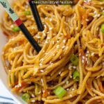 Pinterest Pin with text, One-Pot Teriyaki Noodles. Image of close up of noodles benign twisted with a pair of chopsticks.