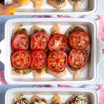 Pinterest Pin with text overlay 'Pesto Chicken Bake' showing three photos of adding ingredients to chicken cutlets in a baking dish.