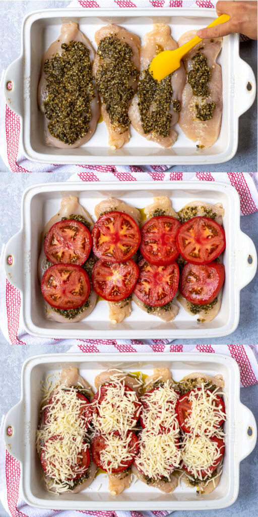 Steps 2 of adding ingredients to the pesto chicken bake before adding it to the oven.