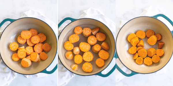 The three steps of cooking the sweet potatoes, uncooked, in water, and cooked.