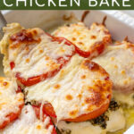 Pinterest Pin with text overlay 'Pesto Chicken Bake' showing cooked chicken on spatula with pesto, tomatoes, and melted mozzarella cheese.