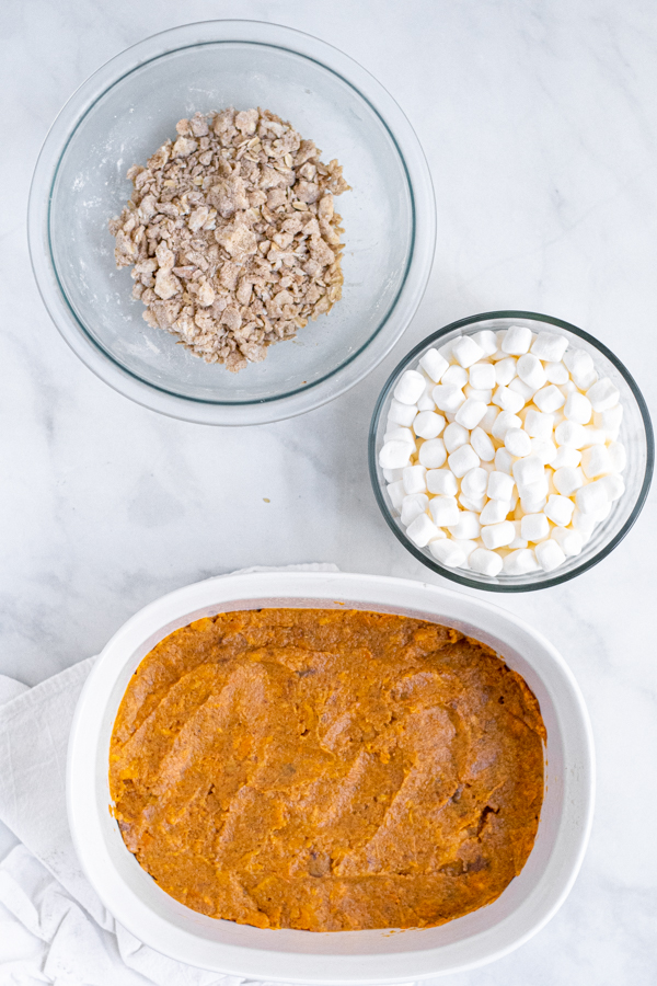 The three different parts of Sweet Potato Casserole with Marshmallows and Oat Streusel made ahead of time and ready to be stored before cooking in airtight containers.