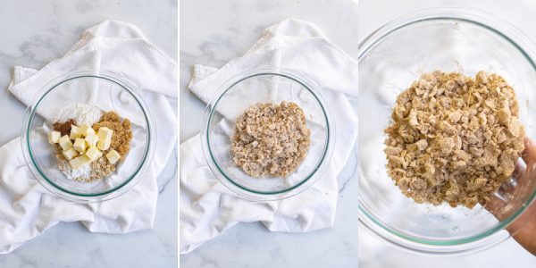 Steps of making oat streusel, adding the ingredients to a bowl and mixing until a corse crumb in achieved.