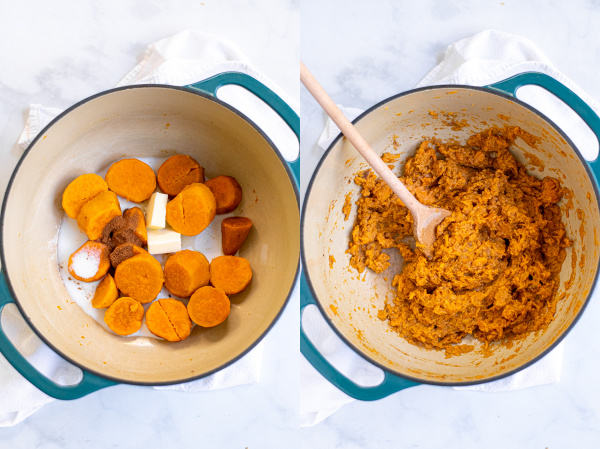 The steps of making the sweet potato mixture, adding butter, milk and spices, and mashing together.