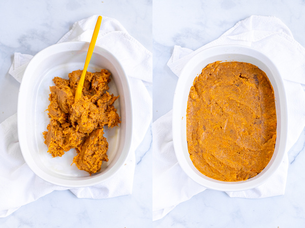 Showing steps of adding the sweet potato mixture to the baking dish and spreading it evenly throughout.