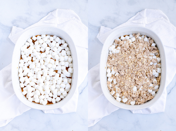 Showing the steps of adding mini marshmallows and then oat streusel to the tops of the sweet potatoes.