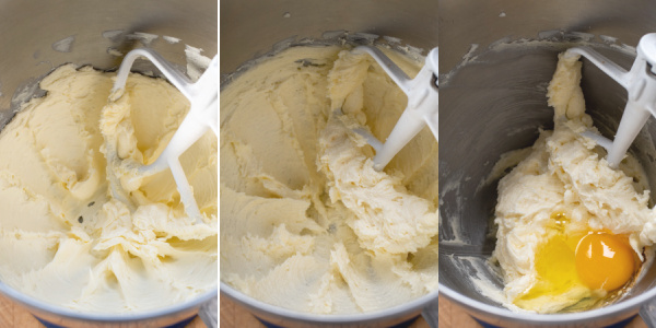 A collage showing the steps of beating the butter, sugar, and egg.