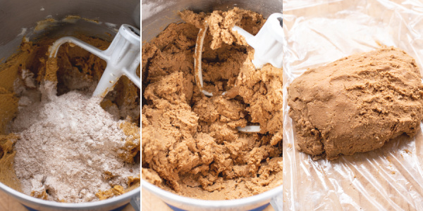 A collage showing the steps of adding the dry ingredients to the wet ingredients.